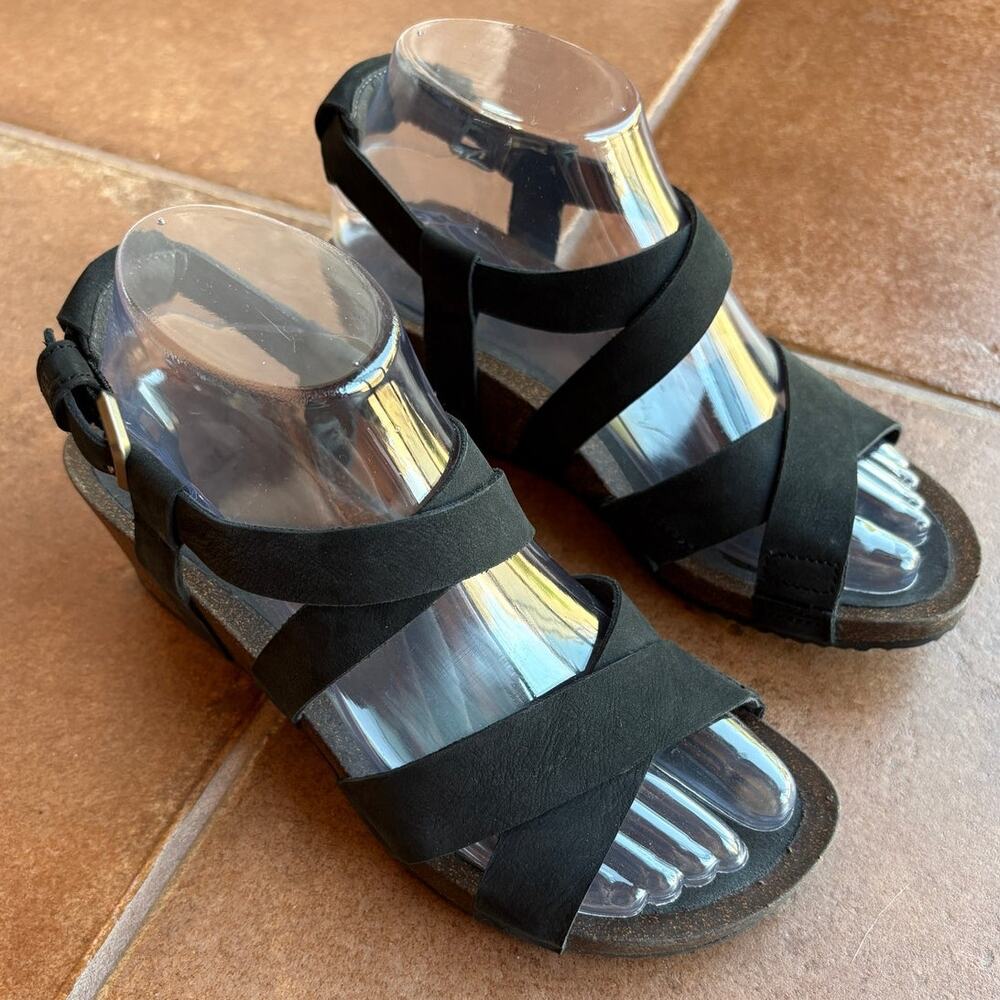 Teva Matte Black Mahonia Cork Sole Wedge Cross Strap Sandals w Buckles size 7 - Picture 16 of 16
